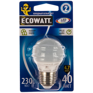 **Лампа св/диод. ECOWATT Р45 230В 4.7(40)W 4000K E27 холодный белый свет, шарик