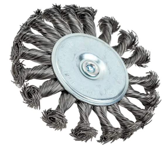 Корщетка дисковая прямая со шпилькой стальная латунир. волн. проволока 100 мм