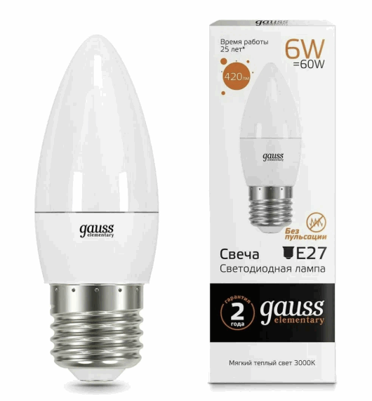 Лампа св/диод. Gauss Element Свеча 6W E27 2700