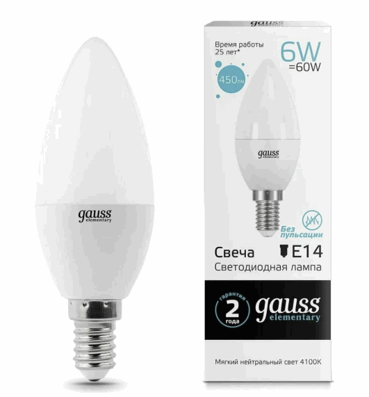 Лампа св/диод. Gauss Element Свеча 6W E14 6500