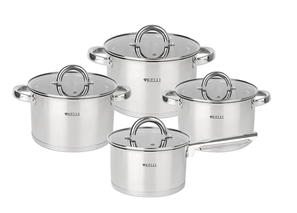 Набор посуды 8 пр. Kelli 4пр: кастрюля 1,8/2,5л/3,5л ковш 1,8л стекл/крышк нерж  KL-4702