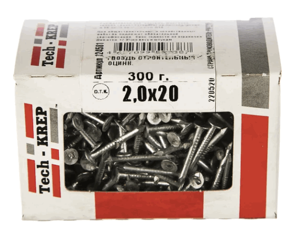 Гвозди стр. оцинк. 2,0*20 (300г) - коробка Tech-Krep