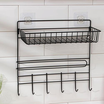 Полка с держателем для полотенец, 6 крючков, цвет черный   6912535