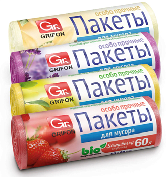 Мешки д/мусора БИО 60 л, 20 шт, стандарт 4 аром (ваниль,клубника,лаванда, лимон) рулон GRIFON 449-04