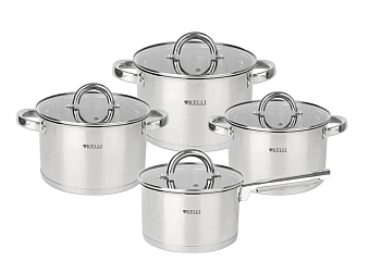 Набор посуды 8 пр. Kelli 4пр: кастрюля 1,8/2,5л/3,5л ковш 1,8л стекл/крышк нерж  KL-4702
