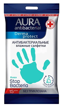 Салфетки влажные AURA антибактер. Derma Protect Алоэ 15шт 29542/10033